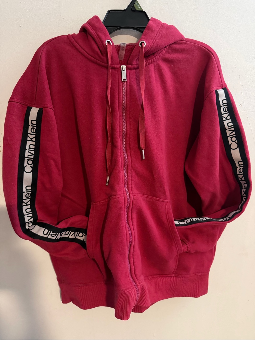 Women’s Calvin Klein Red Full-Zip Hoodie with Logo Sleeve Tape